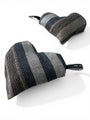 Small heart-shaped warming pillow in striped blueand black with white and beige