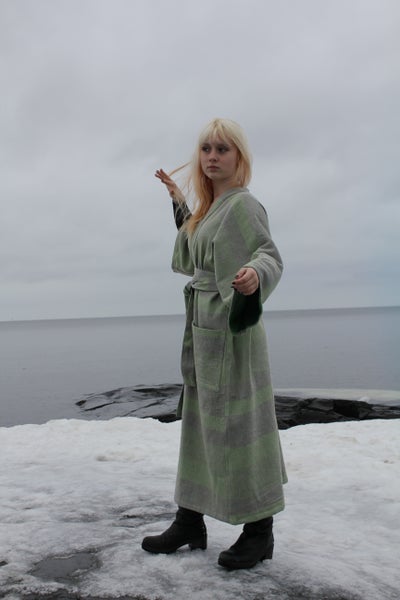 Saunatakki, vihre&auml; raita, koko M